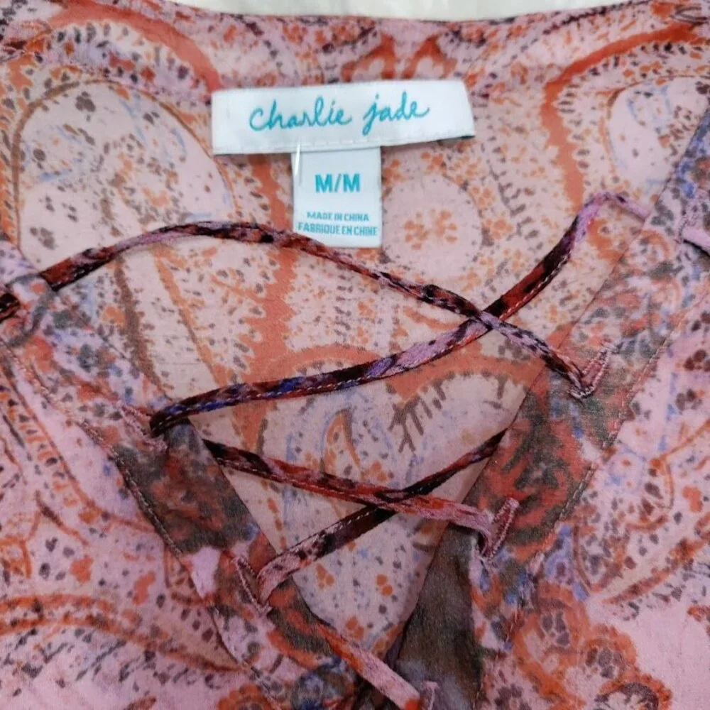 Charlie Jade Silk Womens Paisley Print Boho Tunic Dress M Pink & Red - Picture 4 of 9